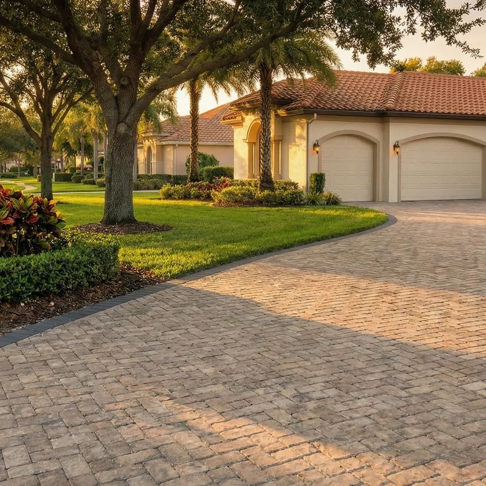 Concept rendering: curved tan paver driveway with a charcoal border before a tile-roofed house