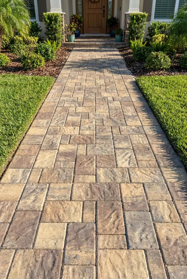 Concept rendering: tan paver front walk with a soldier-course edge curving to a covered entry